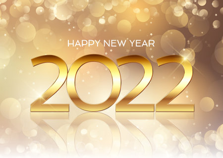 Golden Happy New Year background with bokeh lights design