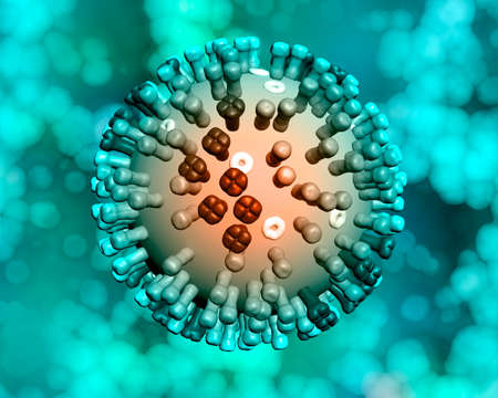 3D render of a medical background with a close up of  a flu virus cellの写真素材