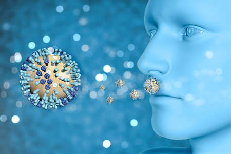3D render of a medical background with male figure and flu virus cellsの写真素材