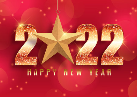 Red and gold Happy New Year background with hanging glittery gold star