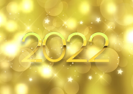 Golden Happy New Year background with bokeh lights and stars