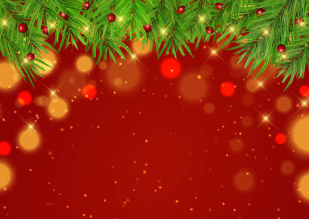 Decorative Christmas background with tree branches and bokeh lightsのイラスト素材