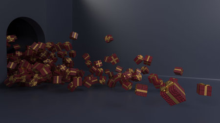 3d render of Bouncing gift boxes through arched doorwayの写真素材