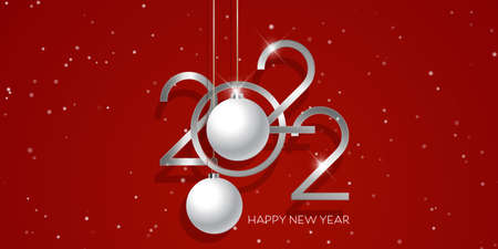 Happy New Year banner with hanging baubles designのイラスト素材