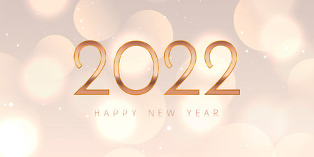 Happy New Year banner with rose gold numbers and bokeh lights design