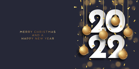 Minimal Christmas banner with hanging gold baubles