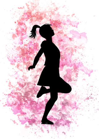 Silhouette of a skipping girl on a pink watercolour backgroundのイラスト素材