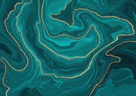 Turquoise liquid marble design background with glittery gold elementsのイラスト素材