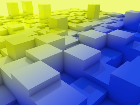 3D render of a background with extruding cubes in Ukraine flag coloursの写真素材