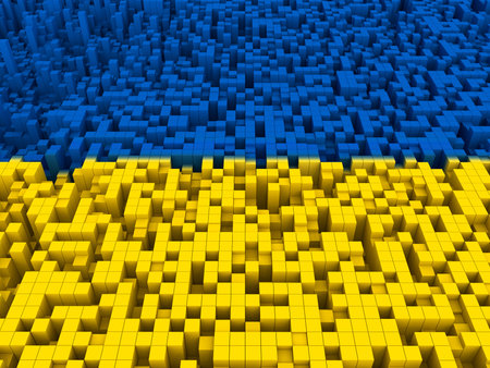 3D render of an abstract Ukraine flag background of extruding blocks