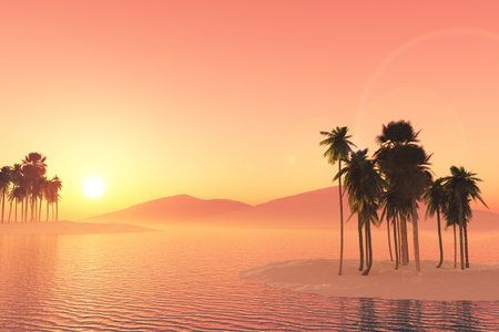 3D render of a tropical landscape with palm trees against a sunset skyの写真素材