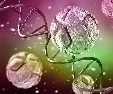3D render of a medical background with DNA strand and virus cellsの写真素材