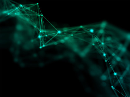 3D render of a data communications background with glowing particles and connecting lines