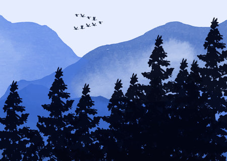 Detailed hand painted watercolour tree and mountains landscapeのイラスト素材