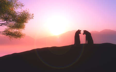 3D render of a sunset landscape with silhouette of dogs sat on a hillの写真素材