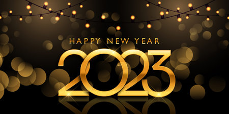 Elegant Happy New Year banner design with string lights and metallic numbers