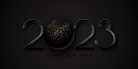 Dark Happy New Year banner design with black and gold bauble
