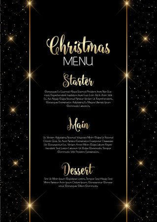 Elegant black and gold Christmas menu design with sparkling starsのイラスト素材