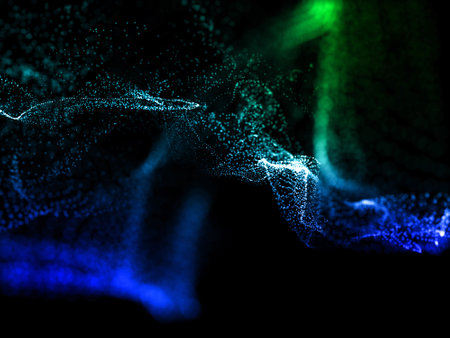 3D render of a technology background with flowing cyber particles designの写真素材