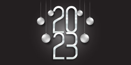 Happy New Year banner in black and silver with hanging baublesのイラスト素材
