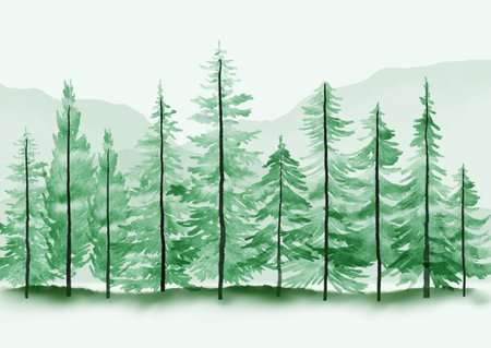 Hand painted watercolour Christmas tree landscapeのイラスト素材