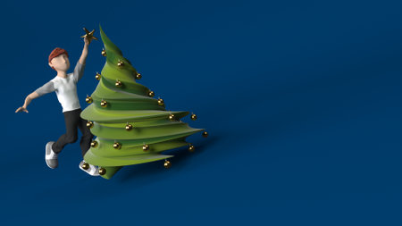 3D Render of a Young Person decorating christmas treeの写真素材