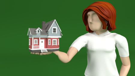 3D Render of a Young person holding small house in handの写真素材