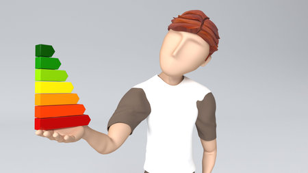 3D Render of a Young person holding energy ratings in hand