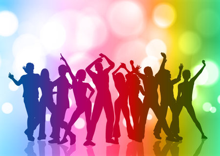 Silhouette of a crowd of people dancing on a rainbow bokeh lights backgroundのイラスト素材