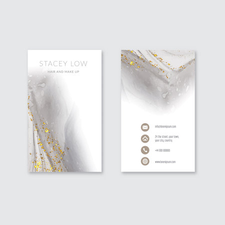 Business card template with elegant hand painted design with glittery gold elementsのイラスト素材