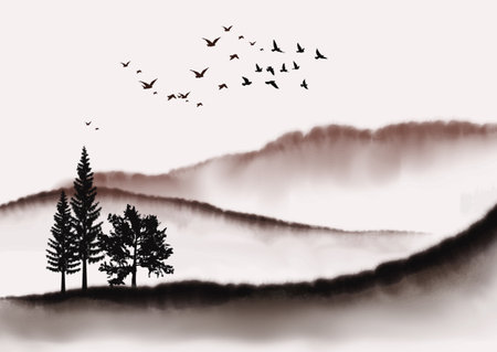 Hand painted detailed watercolour landscape background designのイラスト素材