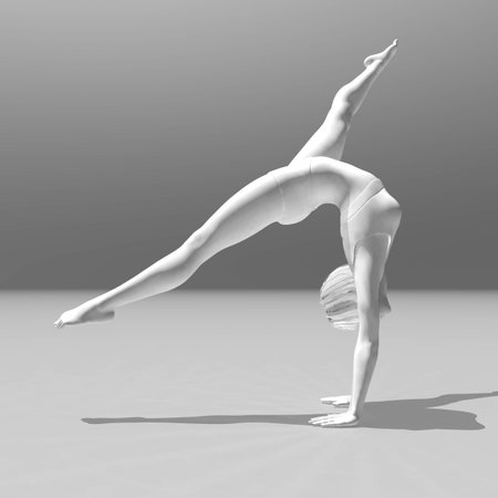3D render of a female figure in a white room in a gymnastic pose