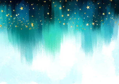 abstract hand painted contemporary wall art with a teal and gold stars designのイラスト素材