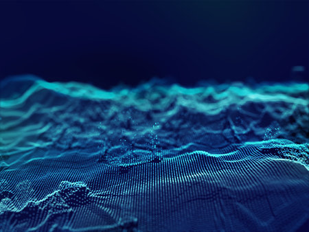 3D render of a big data cyber stream design with flowing waves of particlesの写真素材