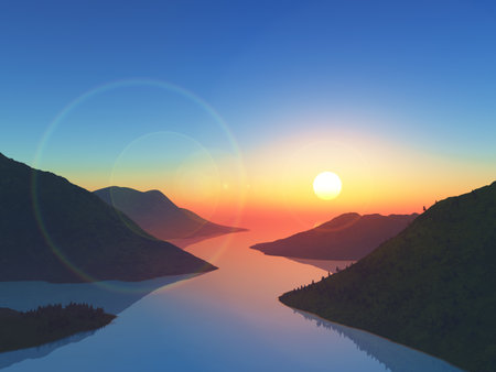 3D render of a mountain range landscape against a sunset skyの写真素材