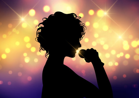 Silhouette of a female singer on a bokeh lights backgroundのイラスト素材