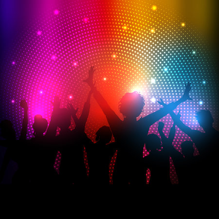 Silhouette of a party audience on a rainbow abstract lights backgroundのイラスト素材