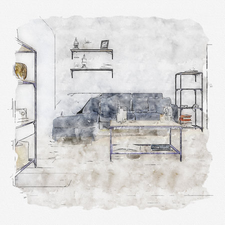 Sketched and painted contemporary Living Room Interior and modern furnitureの写真素材