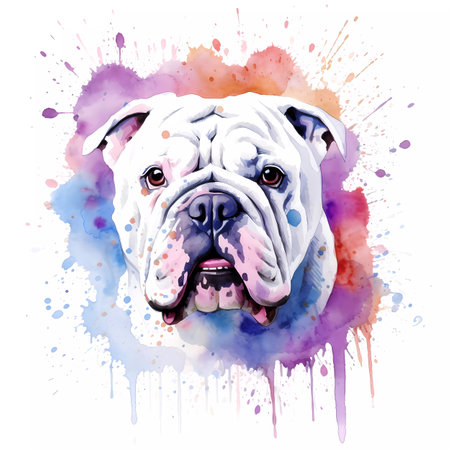 Cute watercolour painting of a white bulldogの素材