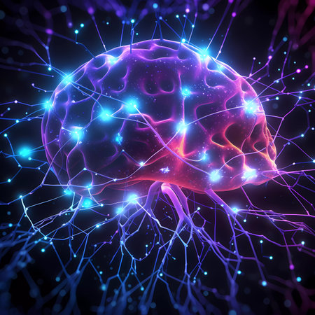 Image of a brain with glowing neuronsの素材