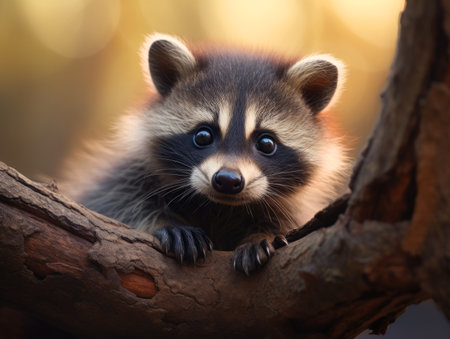 Close up shot of a cute racoon looking at the cameraの素材
