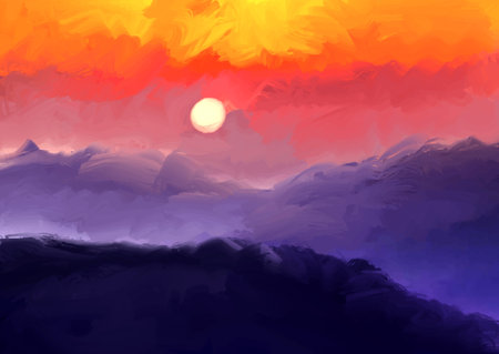Abstract minimal hand painted sunset landscape backgroundのイラスト素材