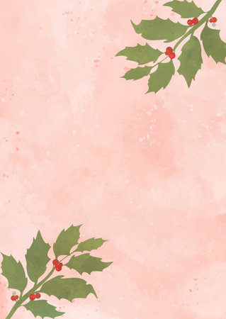 Decorative hand painted watercolour Christmas background design with holly leaves and berriesのイラスト素材
