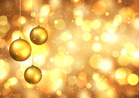 Hanging Christmas baubles on a golden bokeh lights backgroundのイラスト素材