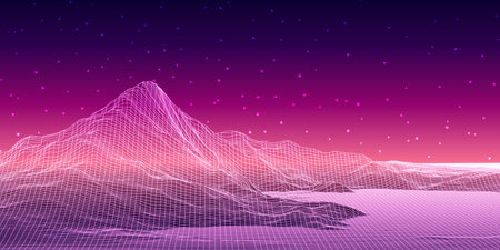 Retro abstract wireframe digital landscape banner designのイラスト素材