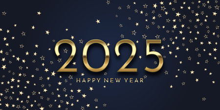 Elegant Happy New Year banner with a gold stars and numbers design