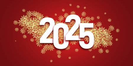 Happy New Year banner with a white numbers and gold snowflakes design