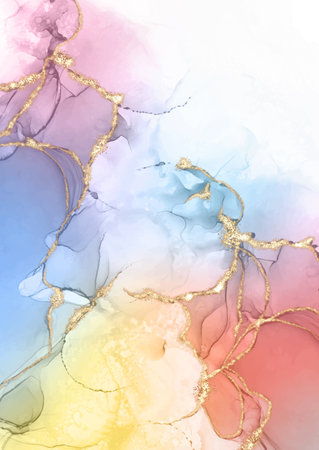 Pastel coloured hand painted alcohol ink background with glittery gold elementsのイラスト素材