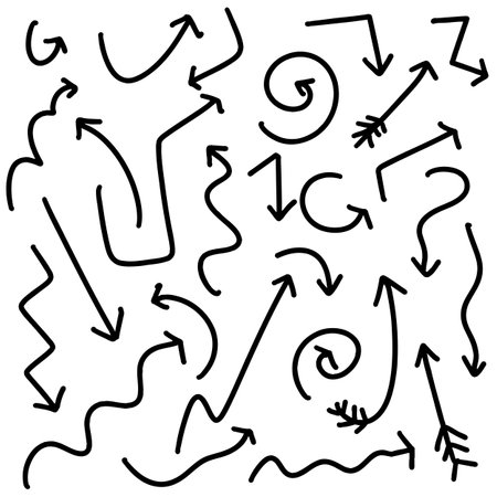 Collection of hand drawn arrow doodles in black on whiteのイラスト素材