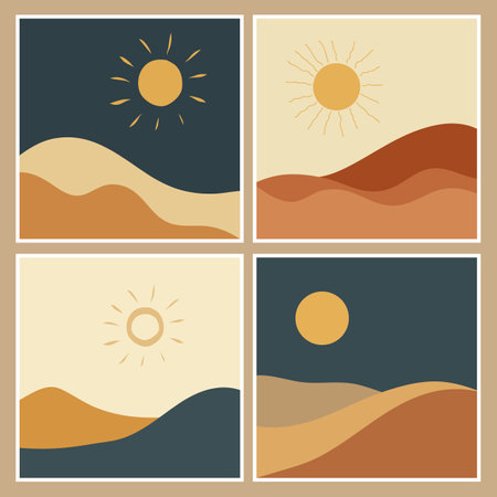 ollection of boho styled hand drawn landscape wall art design backgroundのイラスト素材